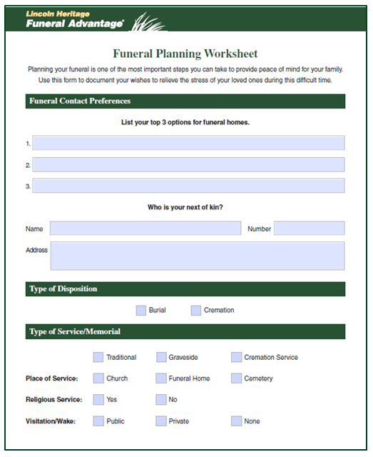 Exmple of a funeral planning worksheet